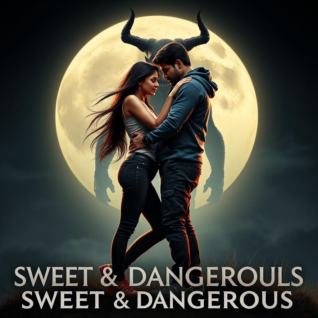 A cinematic fantasy film poster titled 'Sweet & Dangerous', featuring a sweet and beautiful 27-year-old Indian girl with long, flowing hair, dressed in a stylish modern top and fitted jeans