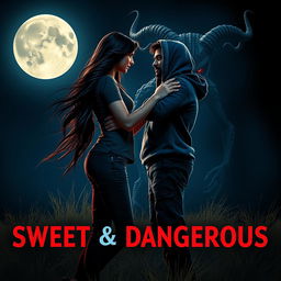 A cinematic fantasy film poster titled 'Sweet & Dangerous', featuring a sweet and beautiful 27-year-old Indian girl with long, flowing hair, dressed in a stylish modern top and fitted jeans