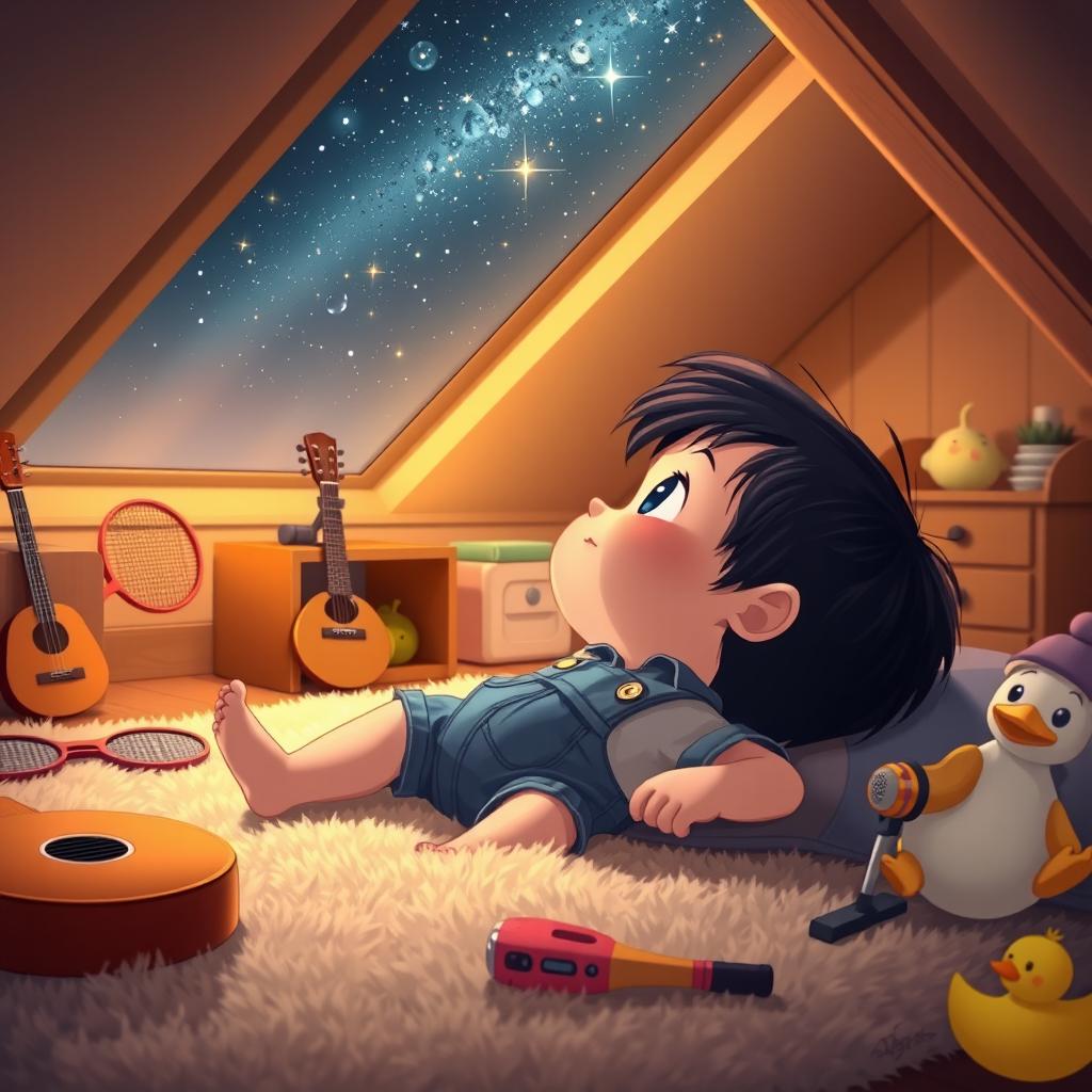 A cartoon scene featuring a 10-month-old baby boy with thick black hair lying on a soft carpet in his attic room