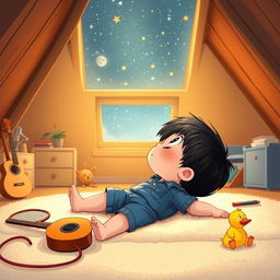 A cartoon scene featuring a 10-month-old baby boy with thick black hair lying on a soft carpet in his attic room