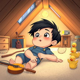 A cartoon scene featuring a 10-month-old baby boy with thick black hair lying on a soft carpet in his attic room