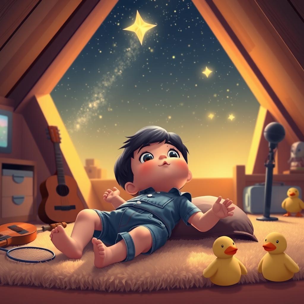 A cartoon scene featuring a 10-month-old baby boy with thick black hair lying on a soft carpet in his attic room