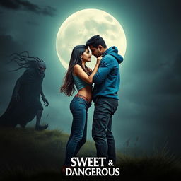 A cinematic fantasy film poster titled 'Sweet & Dangerous', featuring a sweet and beautiful 27-year-old Indian girl with long, silky hair, wearing a trendy modern top and fitted jeans