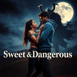 A cinematic fantasy film poster titled 'Sweet & Dangerous', featuring a sweet and beautiful 27-year-old Indian girl with long, silky hair, wearing a trendy modern top and fitted jeans