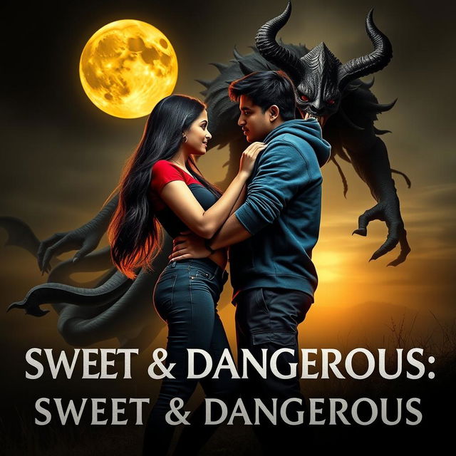 A cinematic fantasy film poster titled 'Sweet & Dangerous', featuring a sweet and beautiful 27-year-old Indian girl with long, silky hair, wearing a trendy modern top and fitted jeans