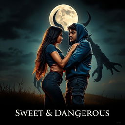 A cinematic fantasy film poster titled 'Sweet & Dangerous', featuring a sweet and beautiful 27-year-old Indian girl with long, silky hair, wearing a trendy modern top and fitted jeans