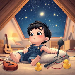 A cartoon scene featuring a 10-month-old baby boy with thick black hair lying comfortably on a soft carpet in his attic room