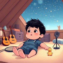 A cartoon scene featuring a 10-month-old baby boy with thick black hair lying comfortably on a soft carpet in his attic room