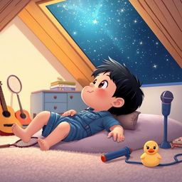 A cartoon scene featuring a 10-month-old baby boy with thick black hair lying comfortably on a soft carpet in his attic room