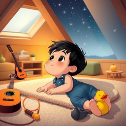 A cartoon scene featuring a 10-month-old baby boy with thick black hair lying comfortably on a soft carpet in his attic room