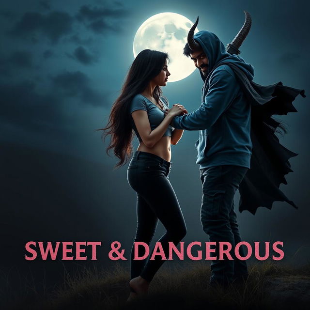 A cinematic fantasy film poster titled 'Sweet & Dangerous', featuring a sweet and beautiful 27-year-old Indian girl with long, glossy hair, dressed in a chic modern top and fitted jeans