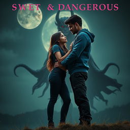 A cinematic fantasy film poster titled 'Sweet & Dangerous', featuring a sweet and beautiful 27-year-old Indian girl with long, glossy hair, dressed in a chic modern top and fitted jeans