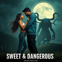 A cinematic fantasy film poster titled 'Sweet & Dangerous', featuring a sweet and beautiful 27-year-old Indian girl with long, glossy hair, dressed in a chic modern top and fitted jeans