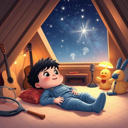 A charming cartoon scene depicting a 10-month-old baby boy with thick black hair, comfortably lying on a soft carpet in his attic room