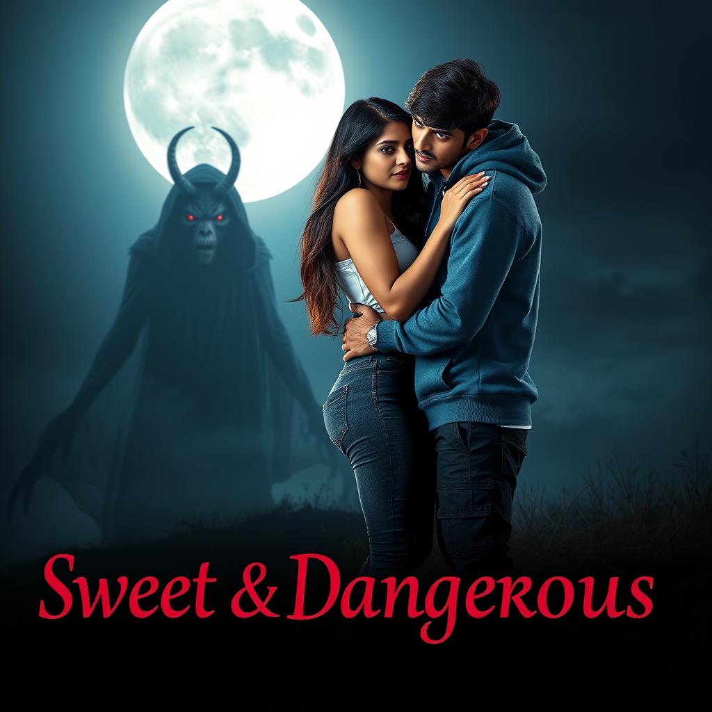 A cinematic fantasy film poster titled 'Sweet & Dangerous', showcasing a beautiful 27-year-old Indian girl with long, lustrous hair, dressed in a trendy modern top and fitted jeans