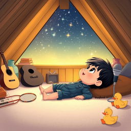 A charming cartoon scene depicting a 10-month-old baby boy with thick black hair, comfortably lying on a soft carpet in his attic room