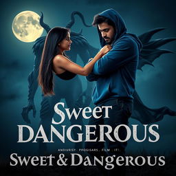 A cinematic fantasy film poster titled 'Sweet & Dangerous', showcasing a beautiful 27-year-old Indian girl with long, lustrous hair, dressed in a trendy modern top and fitted jeans