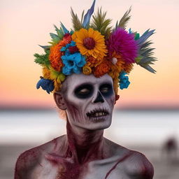 A zombie adorned with a vibrant floral headpiece, standing on a beach with the golden hue of sunrise lighting the background.