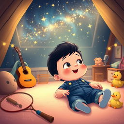 A charming cartoon scene depicting a 10-month-old baby boy with thick black hair, comfortably lying on a soft carpet in his attic room