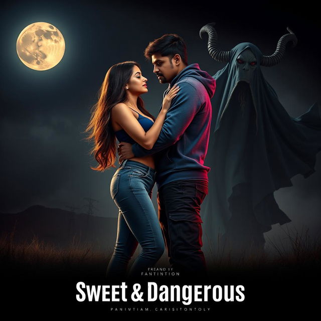 A cinematic fantasy film poster titled 'Sweet & Dangerous', showcasing a beautiful 27-year-old Indian girl with long, lustrous hair, dressed in a trendy modern top and fitted jeans