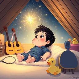 A charming cartoon scene depicting a 10-month-old baby boy with thick black hair, comfortably lying on a soft carpet in his attic room