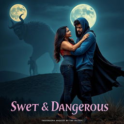 A cinematic fantasy film poster titled 'Sweet & Dangerous', showcasing a beautiful 27-year-old Indian girl with long, lustrous hair, dressed in a trendy modern top and fitted jeans