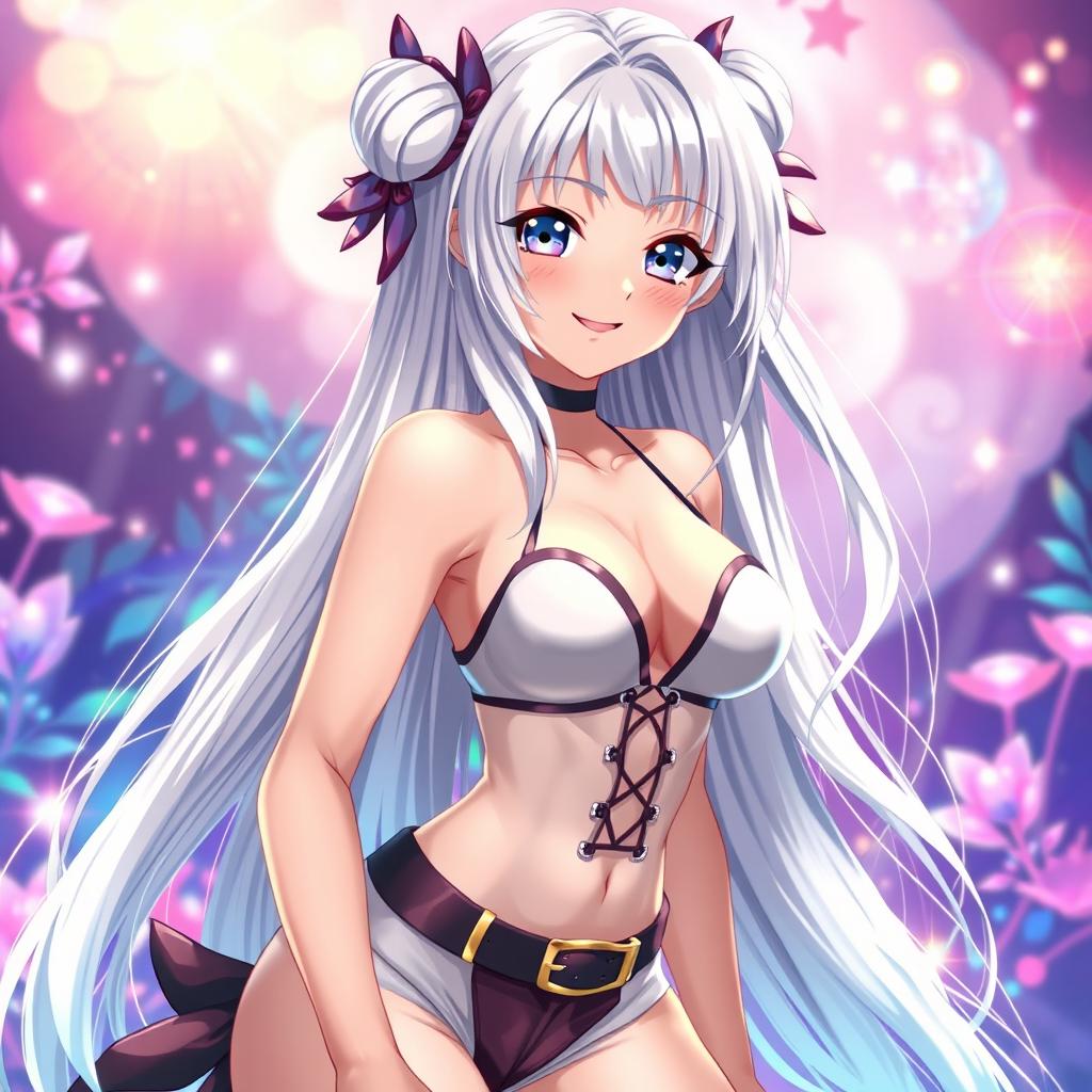 A sexy anime girl with long, flowing white hair, wearing a stylish and alluring outfit that highlights her curves