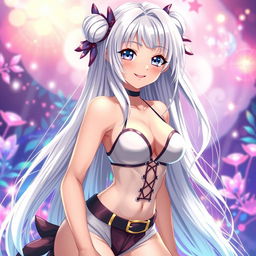 A sexy anime girl with long, flowing white hair, wearing a stylish and alluring outfit that highlights her curves