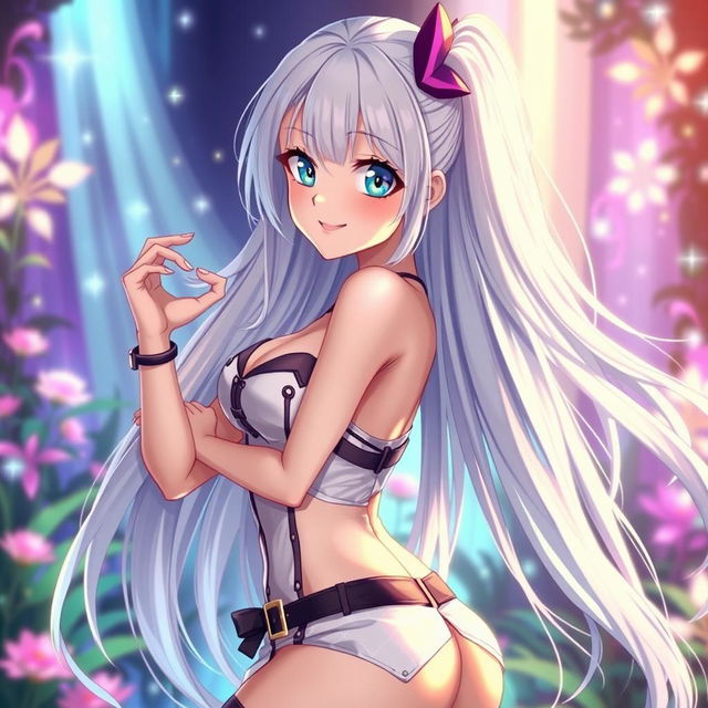 A sexy anime girl with long, flowing white hair, wearing a stylish and alluring outfit that highlights her curves