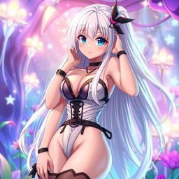 A sexy anime girl with long, flowing white hair, wearing a stylish and alluring outfit that highlights her curves