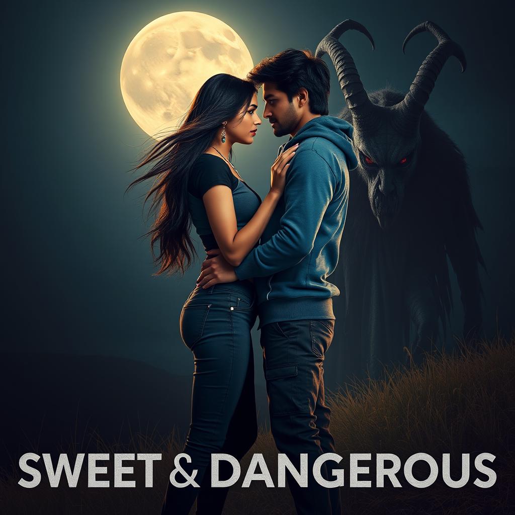 A cinematic fantasy film poster titled 'Sweet & Dangerous', showcasing a beautiful 27-year-old Indian girl with flowing Hair, dressed in a stylish modern top and fitted jeans