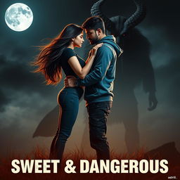 A cinematic fantasy film poster titled 'Sweet & Dangerous', showcasing a beautiful 27-year-old Indian girl with flowing Hair, dressed in a stylish modern top and fitted jeans