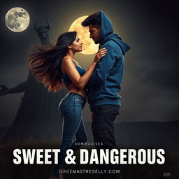 A cinematic fantasy film poster titled 'Sweet & Dangerous', showcasing a beautiful 27-year-old Indian girl with flowing Hair, dressed in a stylish modern top and fitted jeans