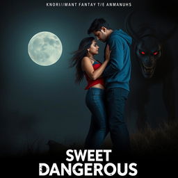 A cinematic fantasy film poster titled 'Sweet & Dangerous', showcasing a beautiful 27-year-old Indian girl with flowing Hair, dressed in a stylish modern top and fitted jeans