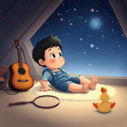 A charming cartoon of a 10-month-old baby boy with thick black hair, lying on a soft carpet in his cozy attic room