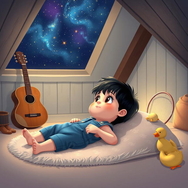 A charming cartoon of a 10-month-old baby boy with thick black hair, lying on a soft carpet in his cozy attic room