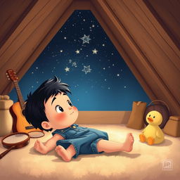 A charming cartoon of a 10-month-old baby boy with thick black hair, lying on a soft carpet in his cozy attic room