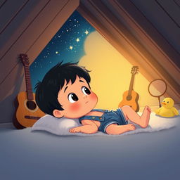 A charming cartoon of a 10-month-old baby boy with thick black hair, lying on a soft carpet in his cozy attic room