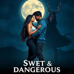 A cinematic fantasy film poster titled 'Sweet & Dangerous', showcasing a stunning 27-year-old Indian girl with radiant skin and long, flowing hair, dressed in a fashionable modern top and form-fitting jeans