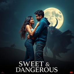 A cinematic fantasy film poster titled 'Sweet & Dangerous', showcasing a stunning 27-year-old Indian girl with radiant skin and long, flowing hair, dressed in a fashionable modern top and form-fitting jeans