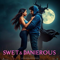 A cinematic fantasy film poster titled 'Sweet & Dangerous', showcasing a stunning 27-year-old Indian girl with radiant skin and long, flowing hair, dressed in a fashionable modern top and form-fitting jeans