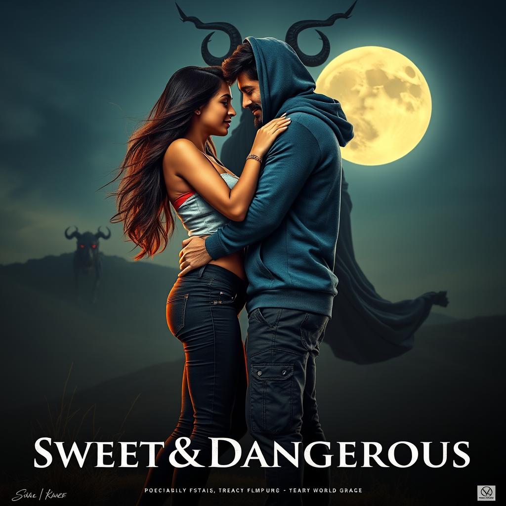 A cinematic fantasy film poster titled 'Sweet & Dangerous', showcasing a stunning 27-year-old Indian girl with radiant skin and long, flowing hair, dressed in a fashionable modern top and form-fitting jeans