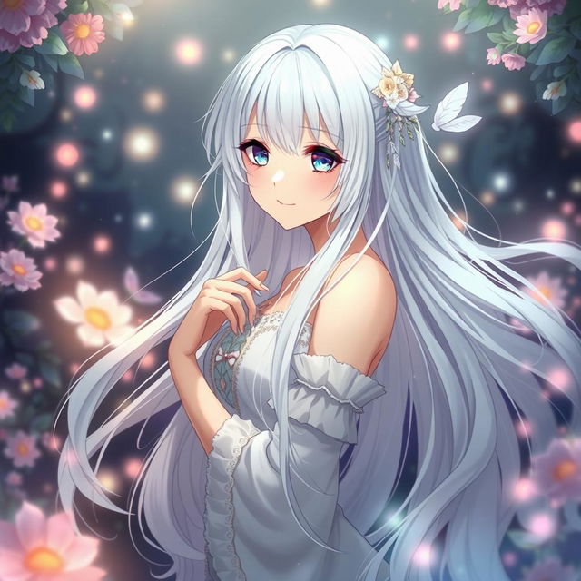 A stunning anime girl with long, flowing white hair, gracefully posed in an ethereal setting surrounded by soft, glowing lights and whimsical elements