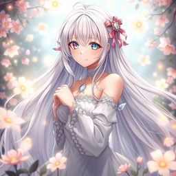 A stunning anime girl with long, flowing white hair, gracefully posed in an ethereal setting surrounded by soft, glowing lights and whimsical elements