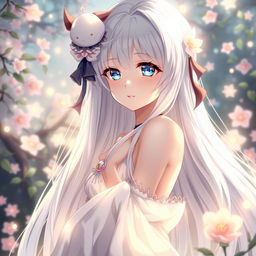 A stunning anime girl with long, flowing white hair, gracefully posed in an ethereal setting surrounded by soft, glowing lights and whimsical elements