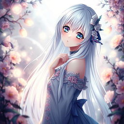 A stunning anime girl with long, flowing white hair, gracefully posed in an ethereal setting surrounded by soft, glowing lights and whimsical elements