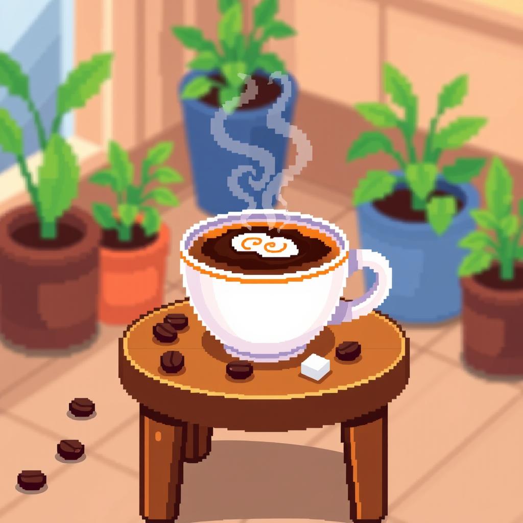 A charming pixel art illustration of a steaming cup of coffee placed on a small wooden table