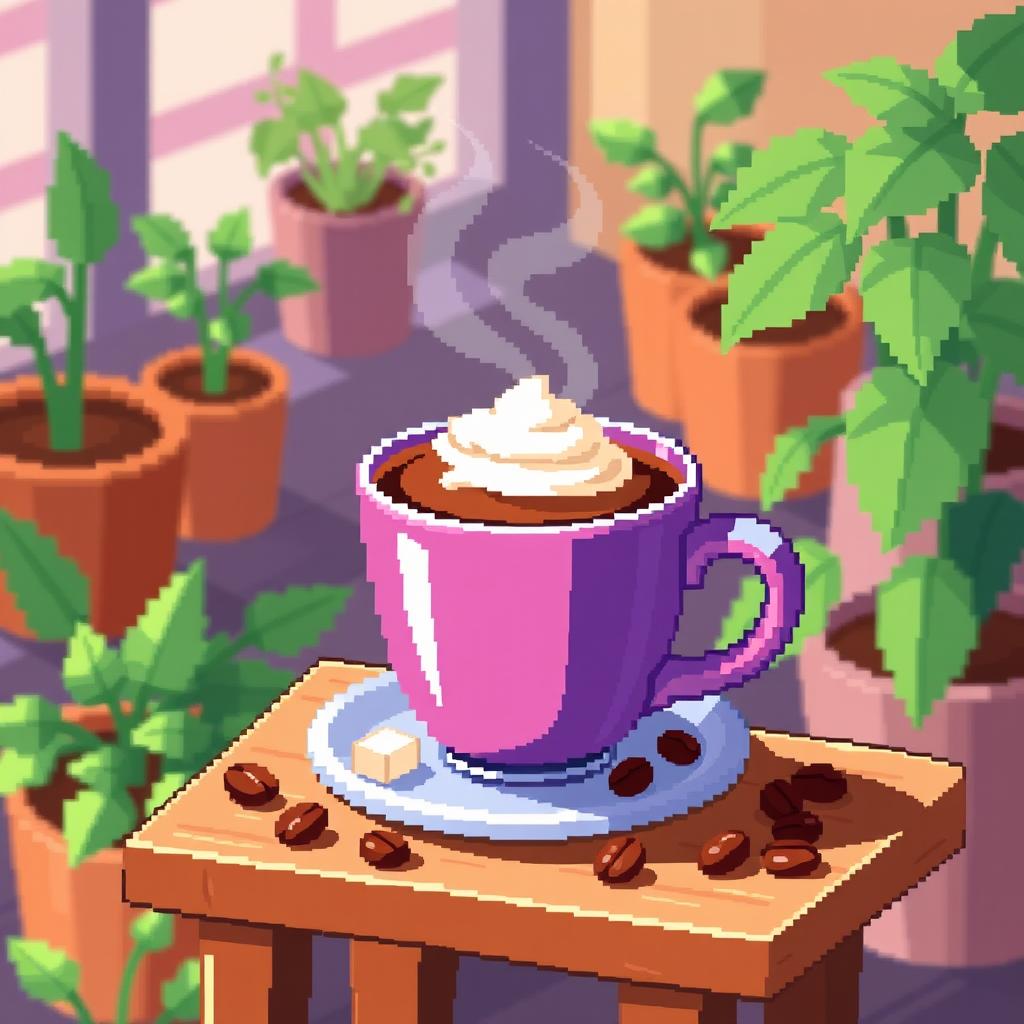 A charming pixel art illustration of a steaming cup of coffee placed on a small wooden table