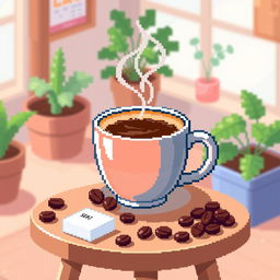 A charming pixel art illustration of a steaming cup of coffee placed on a small wooden table