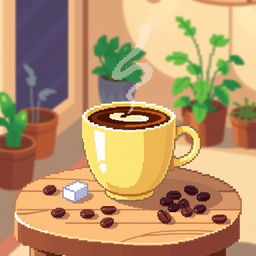 A charming pixel art illustration of a steaming cup of coffee placed on a small wooden table